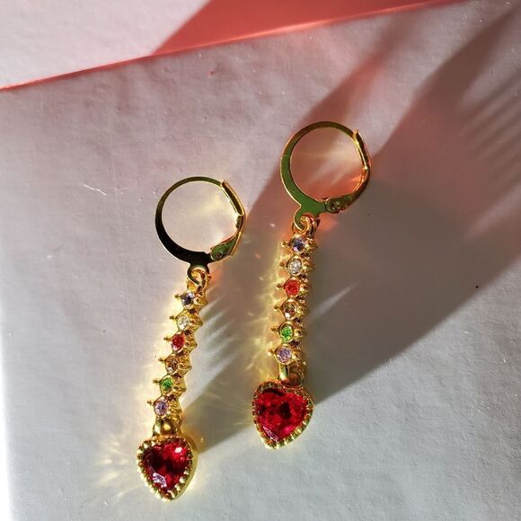 Red & Multi Colored Sapphire 18K Gold Drop Earrings 925 Sterling Silver Women's - Picture 5 of 7